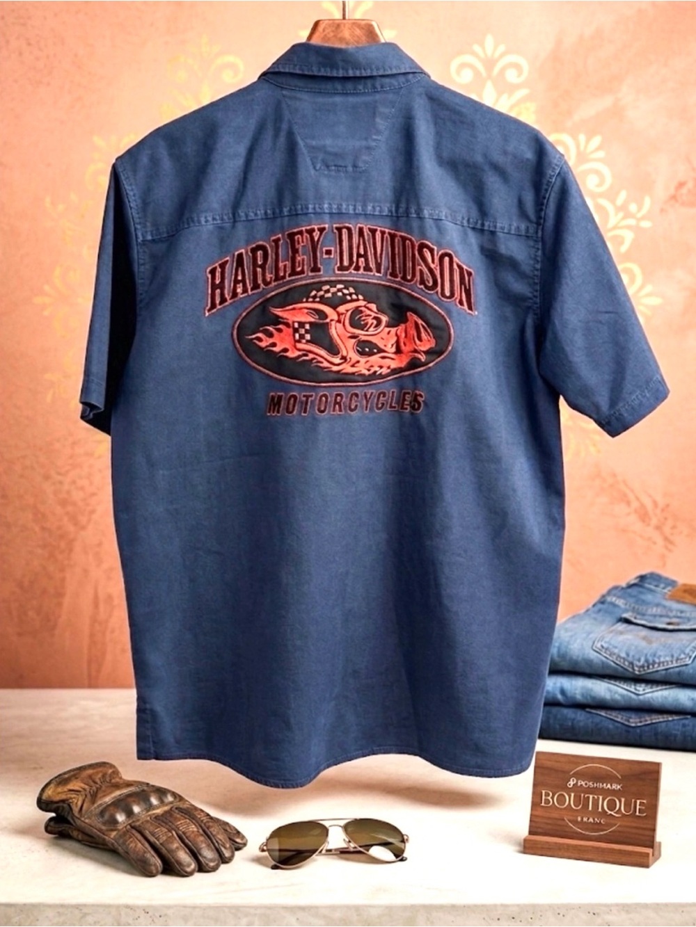 HARLEY-DAVIDSON Navy blue casual or dress shirt short sleeve monogram patchwork